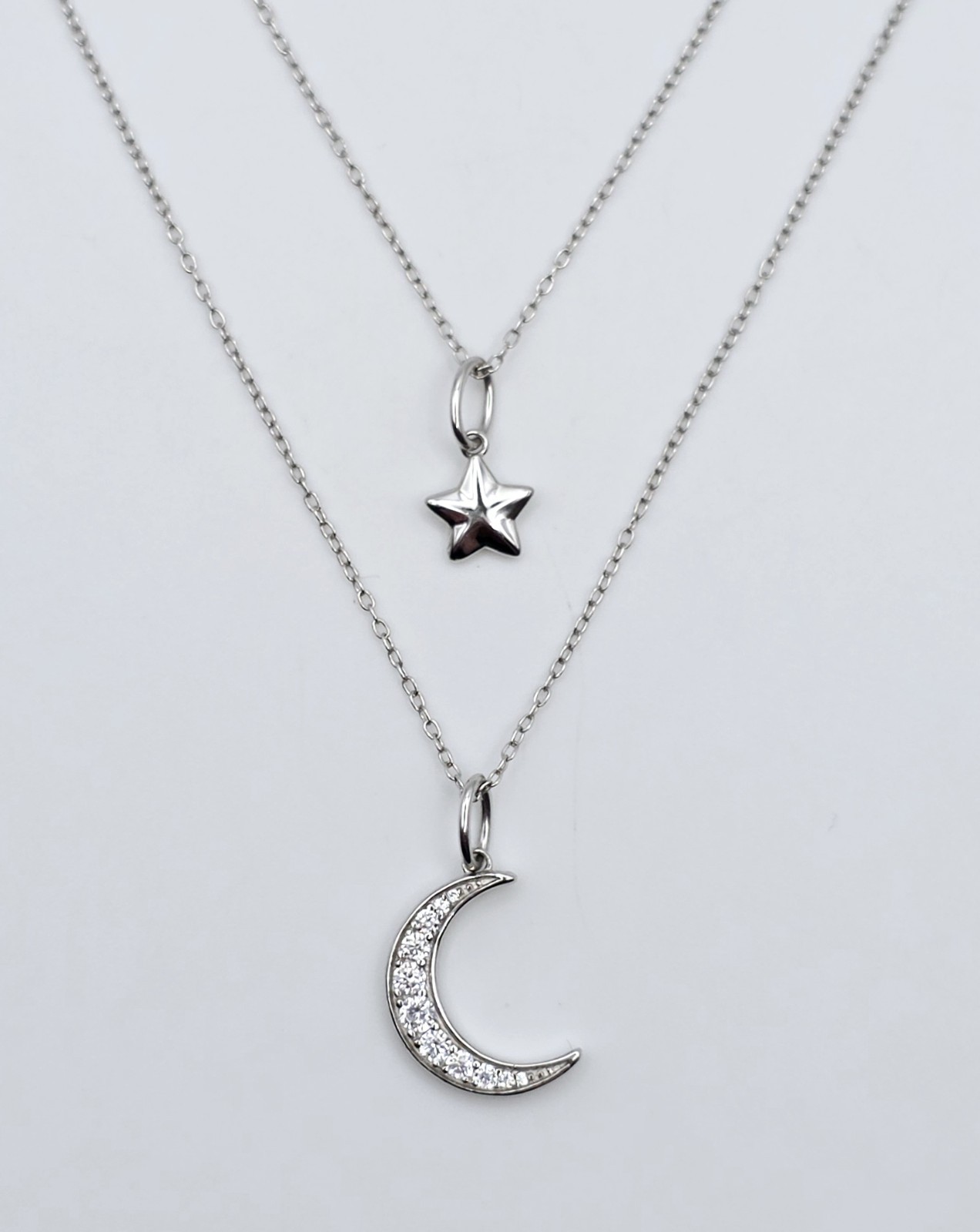 925 Sterling Silver Double Layer Necklace CZ Crescent Moon Star Pendant Choker