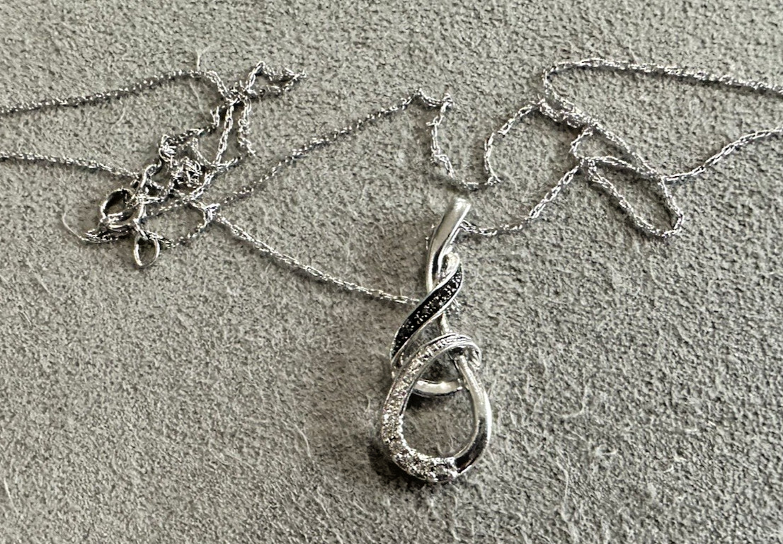 Sterling Silver Black White Diamond Infinity Pendant Necklace 20″