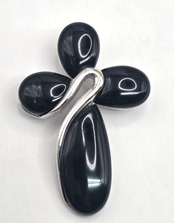 Black Onyx Crucifix Cross Pendant 1.16″ Sterling Silver 925 Handmade Modern NWOT