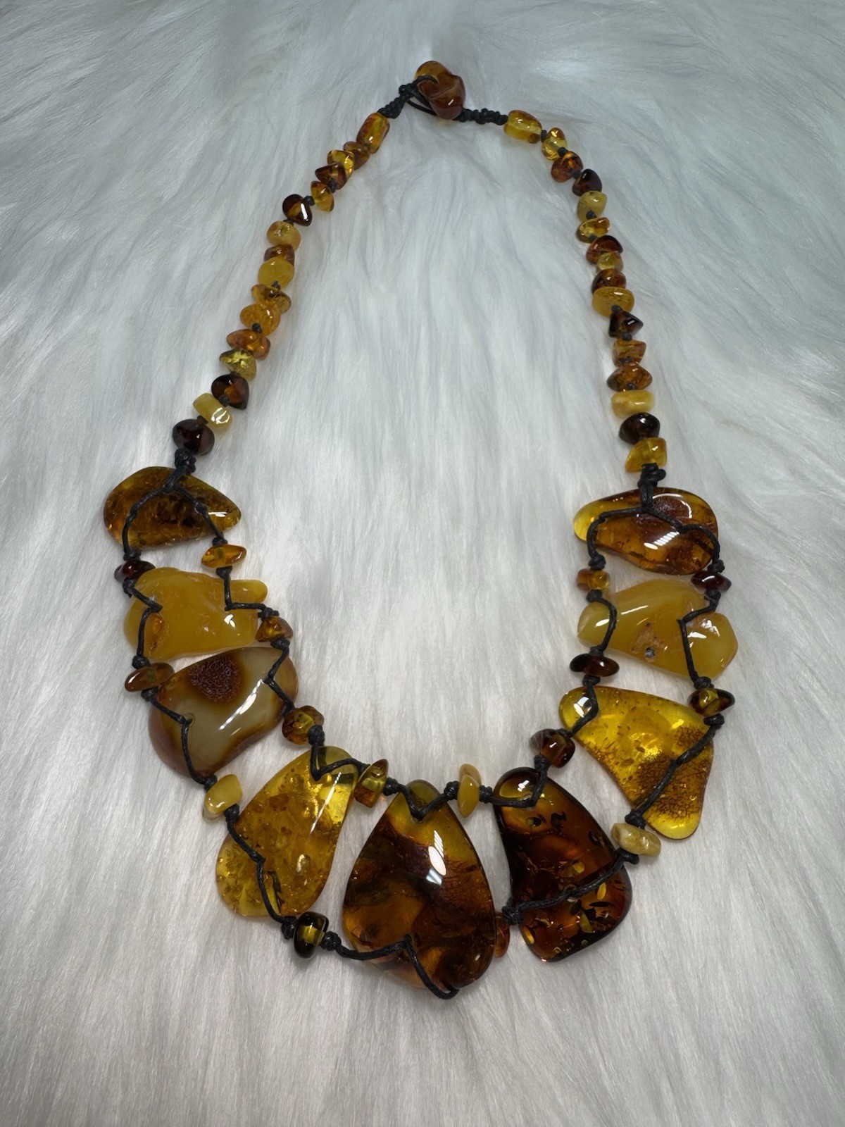 OOAK Natural Baltic Amber Statement Necklace Handmade Freeform Slab Macrame
