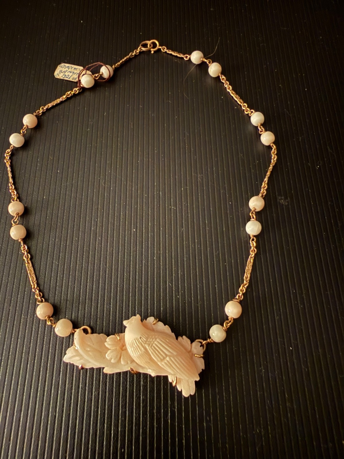 Vintage 14K Gold Angel Skin Coral Necklace Carved Bird Pheasant Pendant 18″ Esta