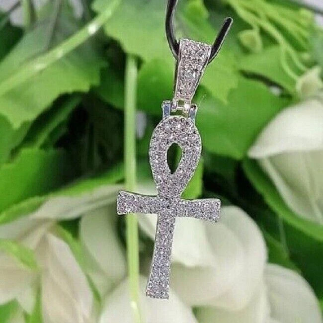 1.60Ct Round Lab Created Diamond Ankh-Cross Shape Pendant 14k White Gold Plated