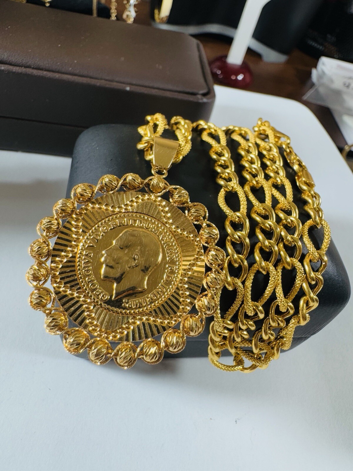 Solid 22K 916 Fine Yellow Dubai Real Gold 18” Long Coin Set Necklace 5.5mm 18.3g