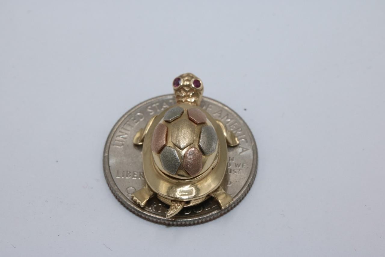 14K Tri Color Gold Turtle Pendant Charm with Red Stones Religious Virgin Mary