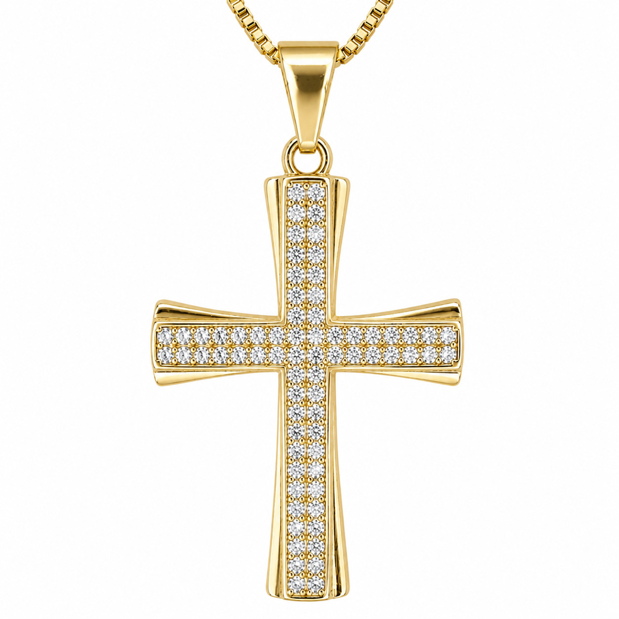 Italian 1/200 Iced CZ Two Row 14k Yellow Gold Oro Cross Pendant Cadena Men Women