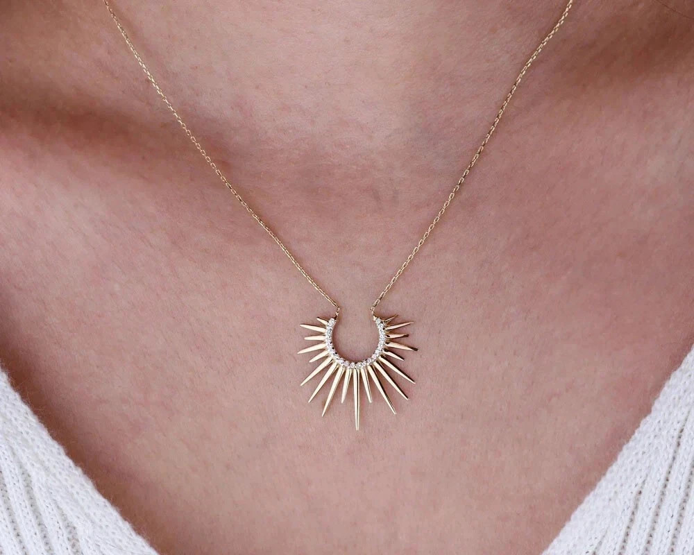 1.00Ct Round Lab Created Diamond Sunburst Women’s Pendant 14K Yellow Gold Plated