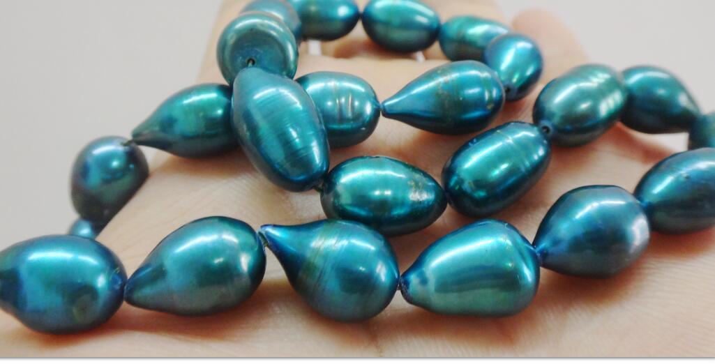 Huge 22″10x14mm natural south sea genuine green blue peacock pearl necklace 14K