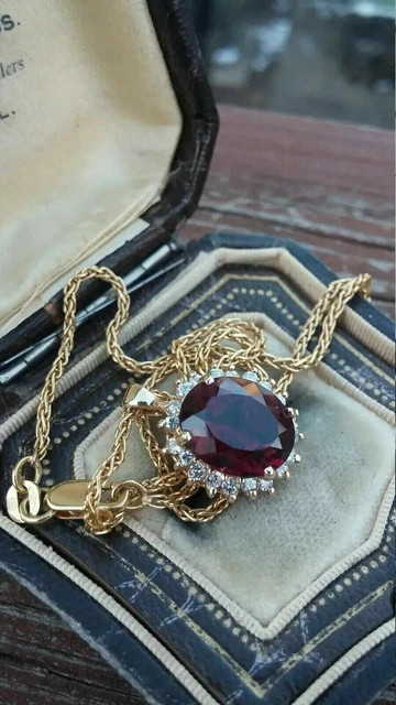 3Ct Oval Round Cut Lab Created Red Garnet Halo Pendant 14K Yellow Gold Finish
