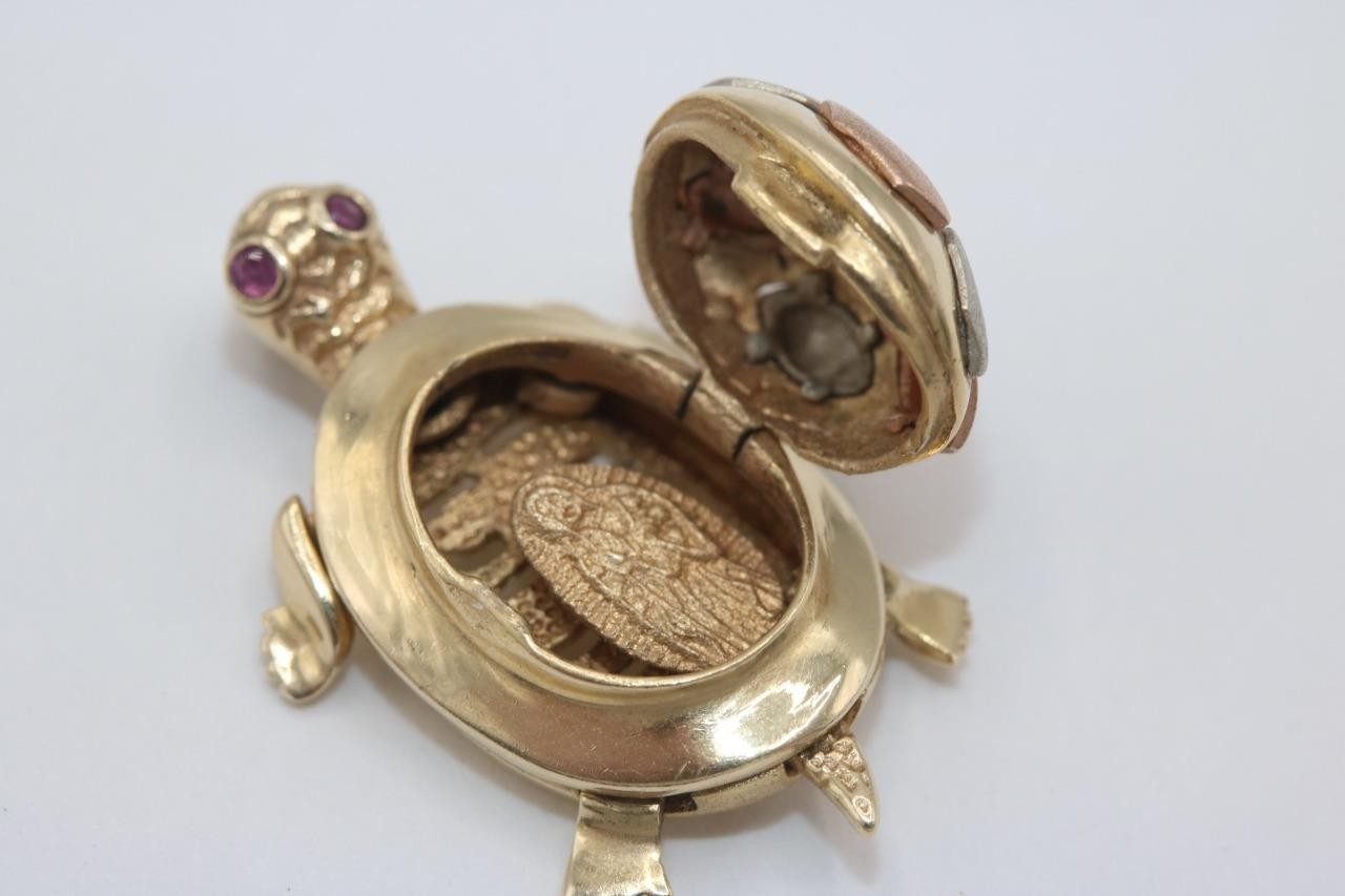 14K Tri Color Gold Turtle Pendant Charm with Red Stones Religious Virgin Mary