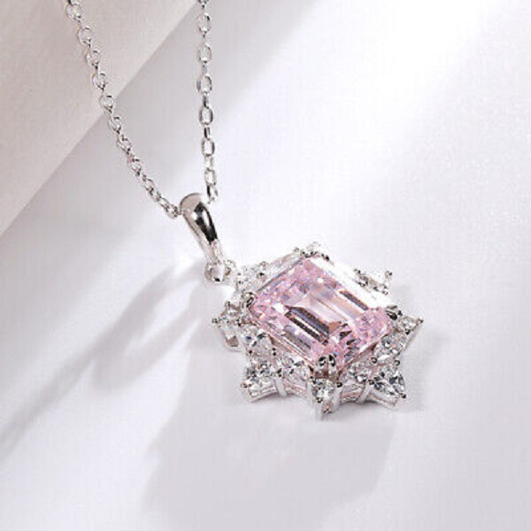 2 Carat Emerald Cut Sapphire Halo Pendant 18″ Free Chain 14k White Gold Finish