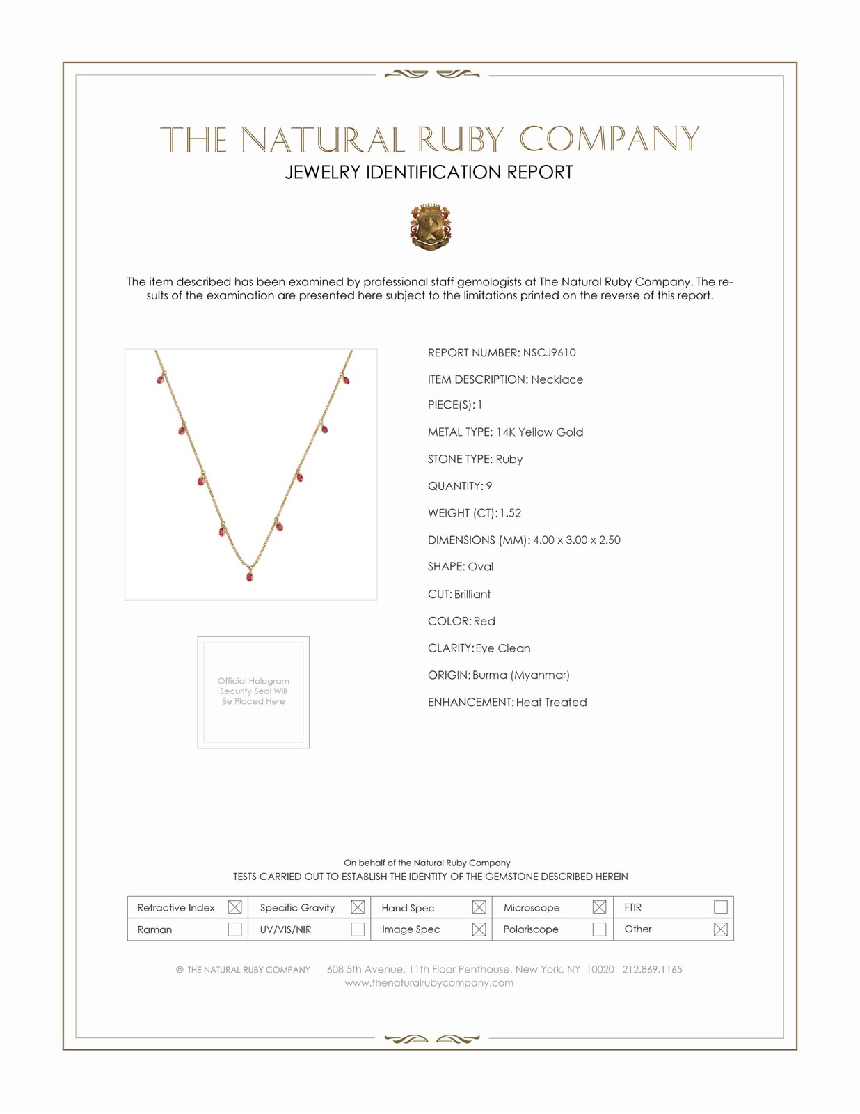 Burma (Myanmar) Oval Red Ruby 14K Yellow Gold Necklace 1.52CT