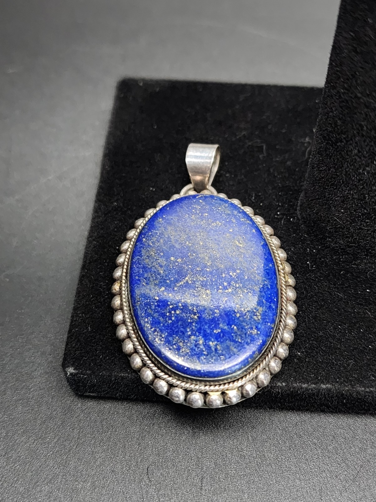 Sterling Silver 925 Dark Blue Lapis Lazuli With Gold Pyrite Oval Pendant 24 Gram