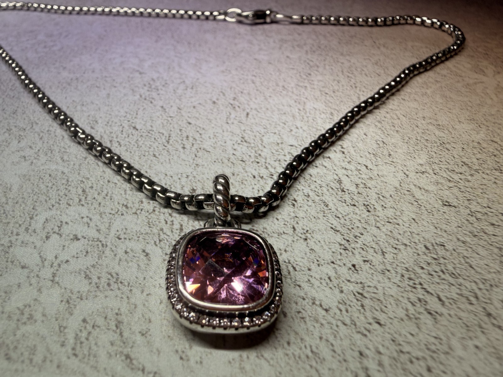 David Yurman Sterling Silver 925 Box Chain 14mm Necklace Pink tourrnaline 18″
