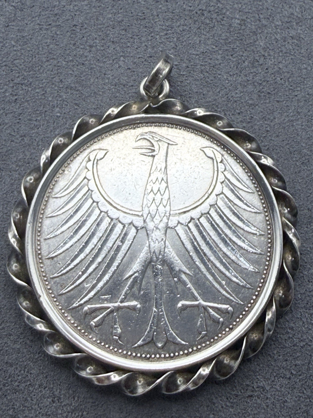 Vintage 1971 Deutschland 5 Mark Coin Pendant 835 Silver Rope Bezel Pendant