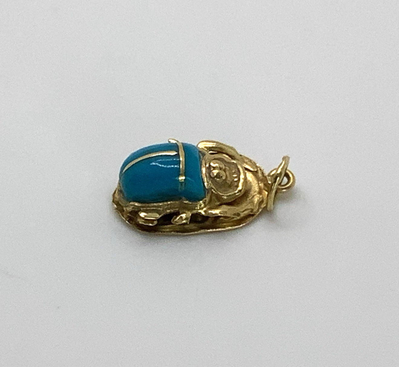 18K Yellow Gold Egyptian Revival Turquoise Scarab Beetle Pendant