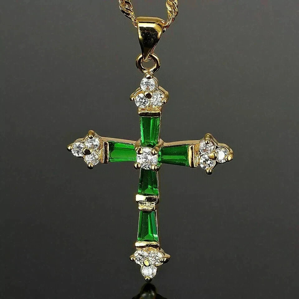 2CT Baguette Cu Lab-Created Emerald Diamond Cross Pendant 14K Yellow Gold Plated