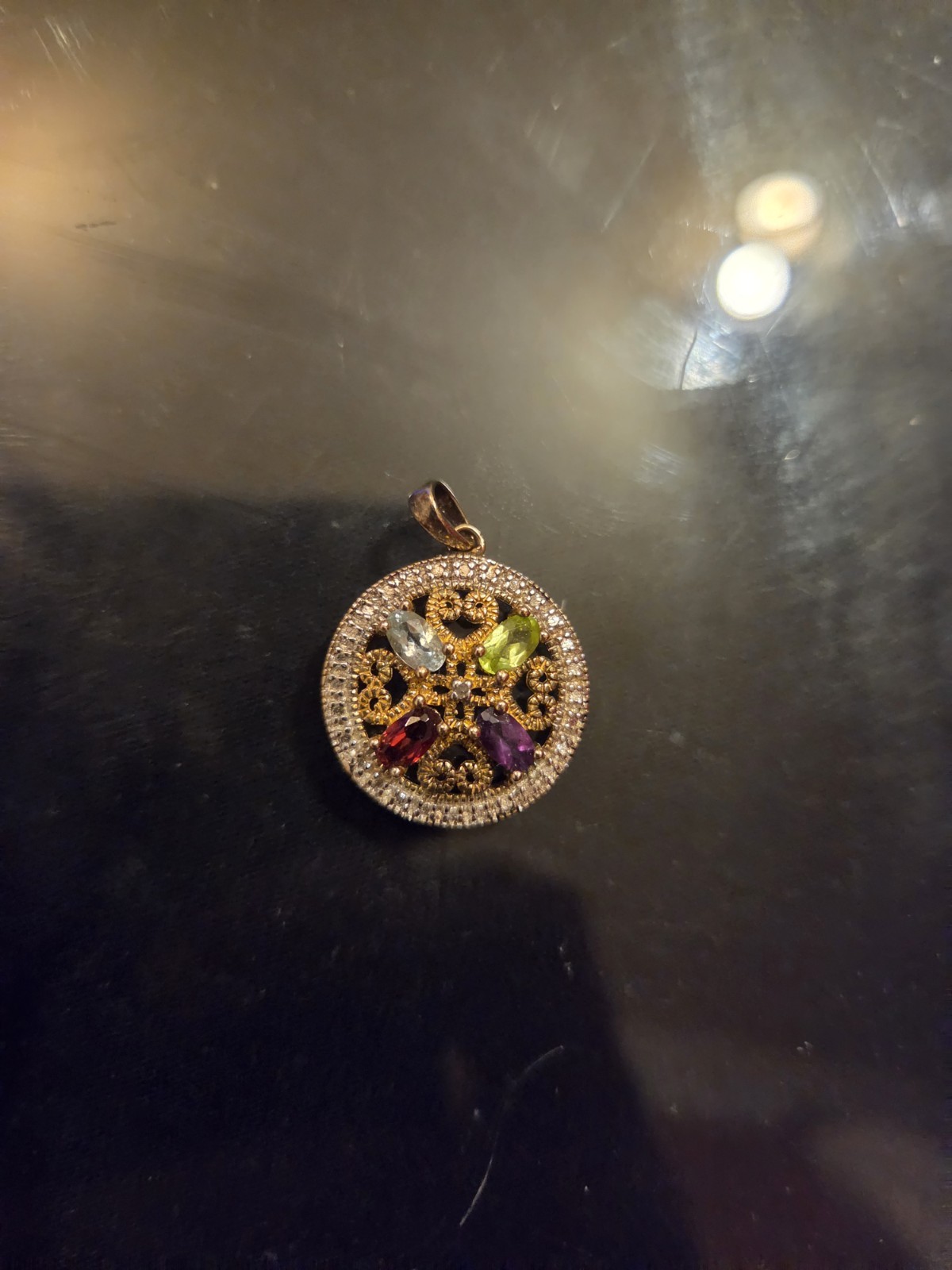 .Ross-Simons pendant features multi-color gemstones set in gold-plated sterling