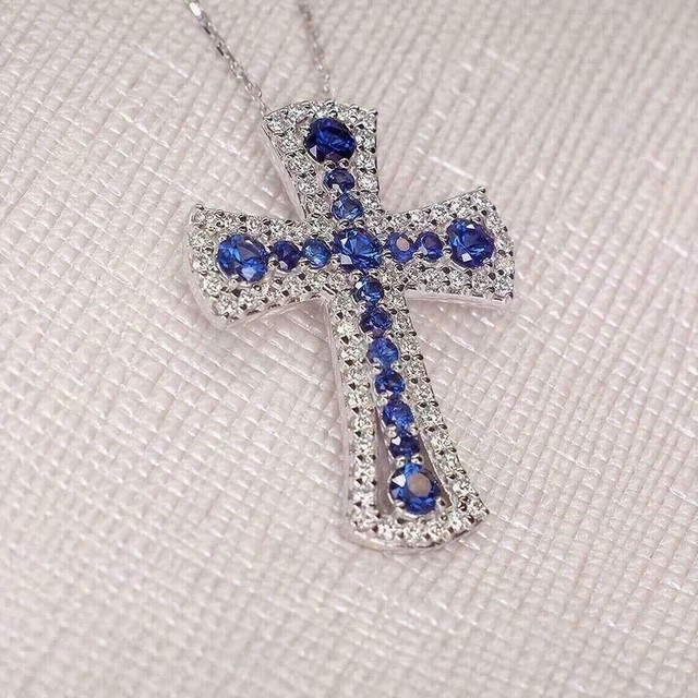 3Ct Round Cut Lab-Created Blue Tanzanite Cross Pendant 14K White Gold Plated
