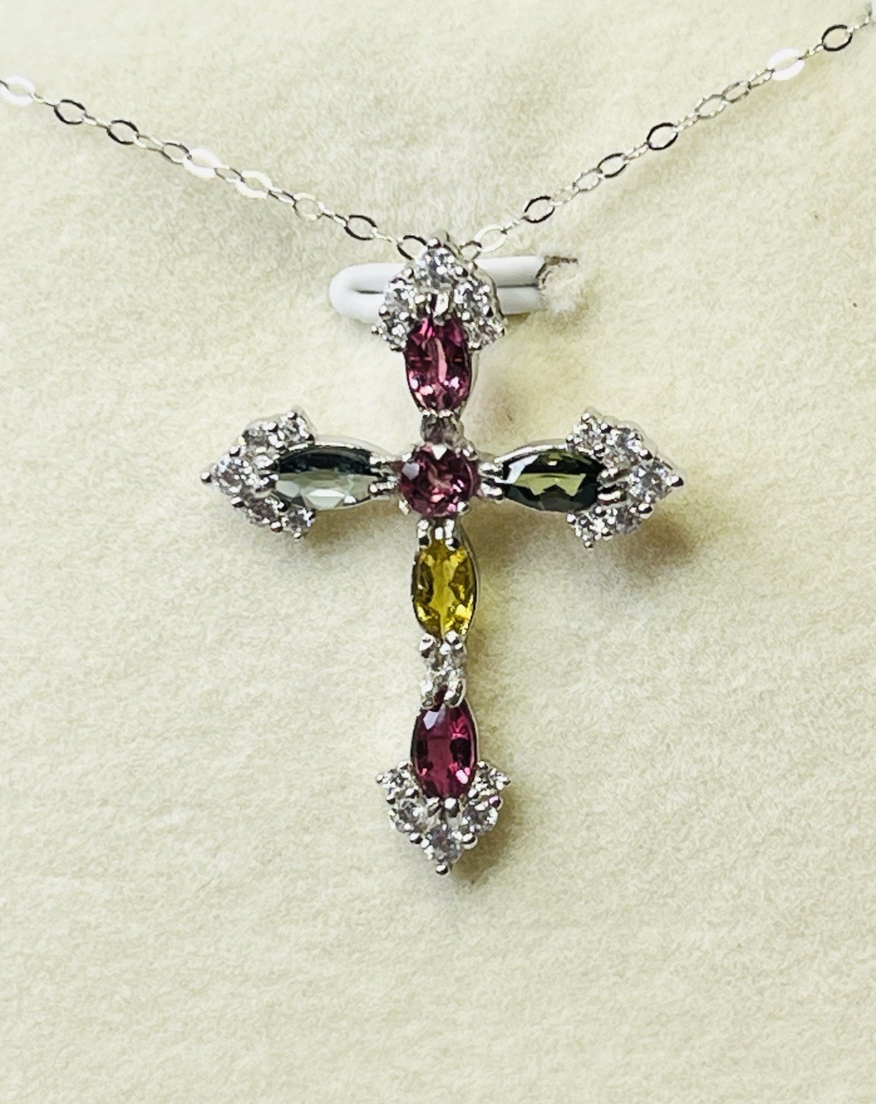 925 Sterling Silver Tourmaline Pink Green Blue Yellow Cross Pendant Necklace