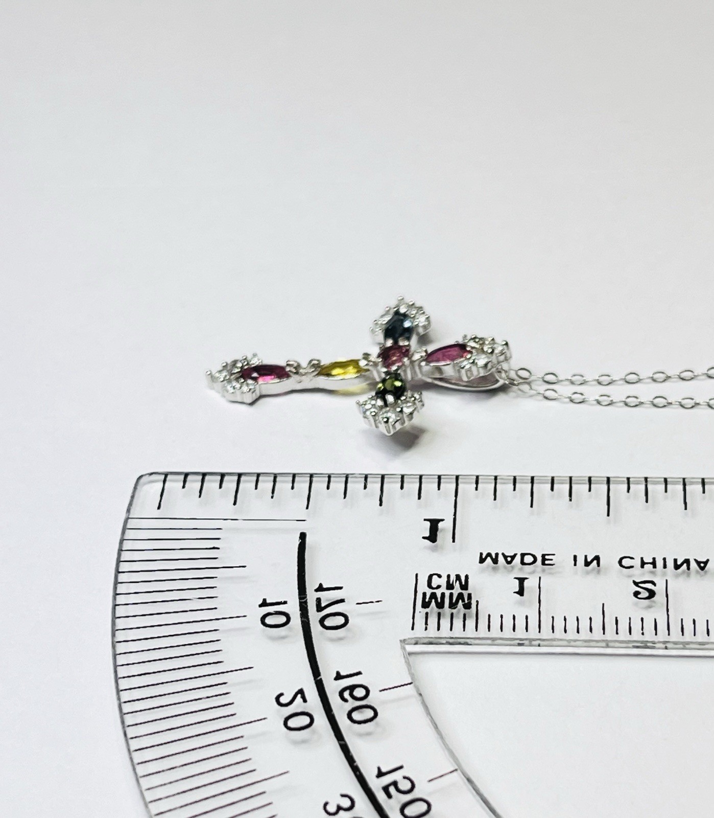 925 Sterling Silver Tourmaline Pink Green Blue Yellow Cross Pendant Necklace