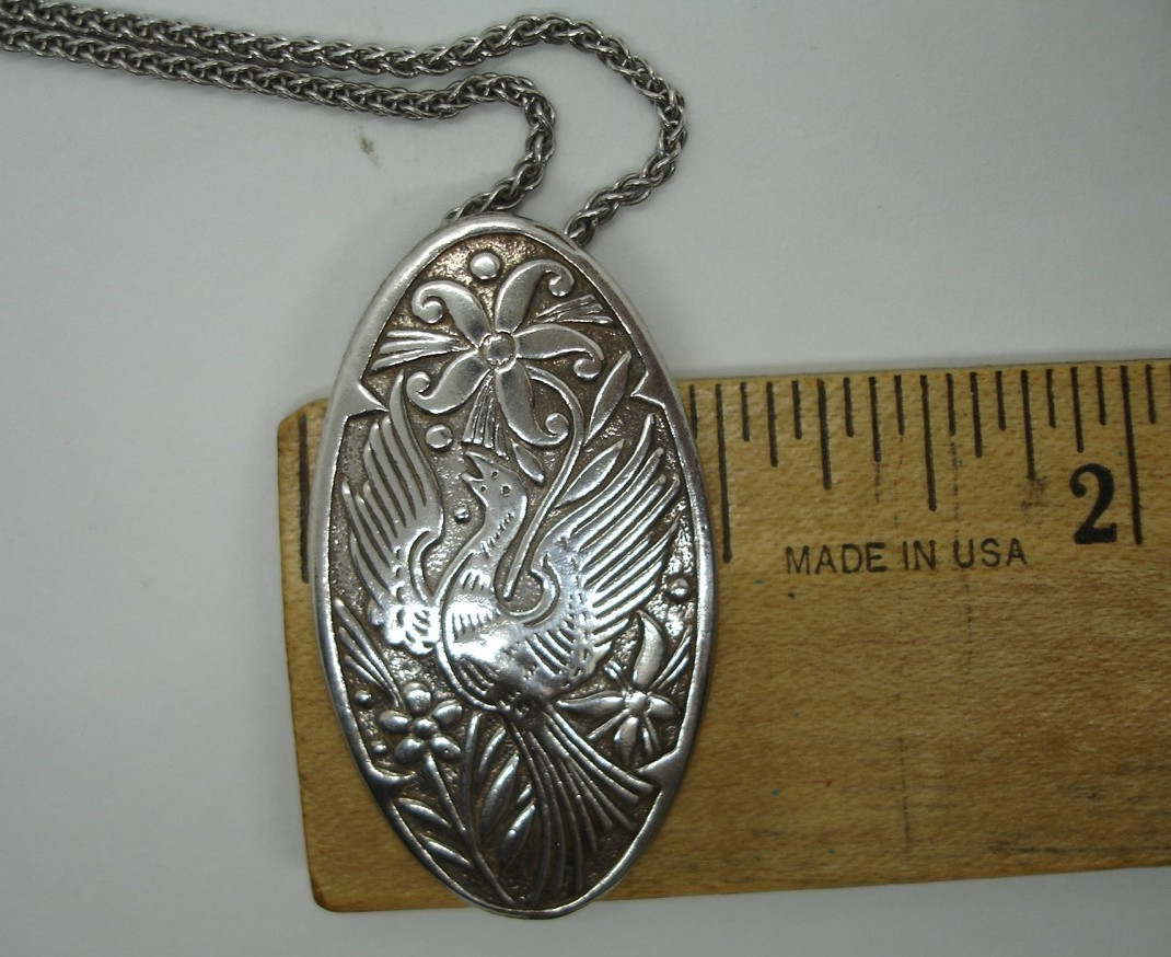 Sterling signed 20″ AVERY chain floral Quetzal BIRD PENDANT hand made medallion