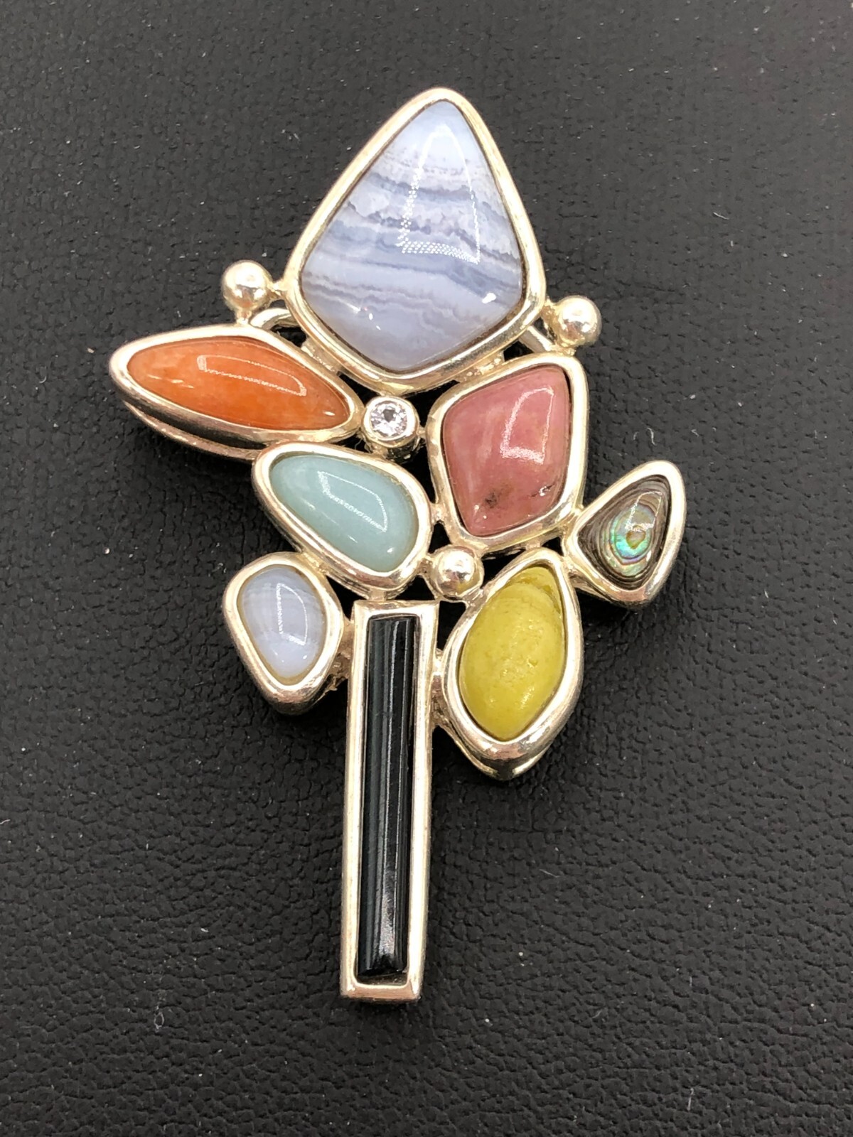 Sterling Silver Multiple Gem Modernist Pendant Blue Lace Agate Topaz 11.4 Grams