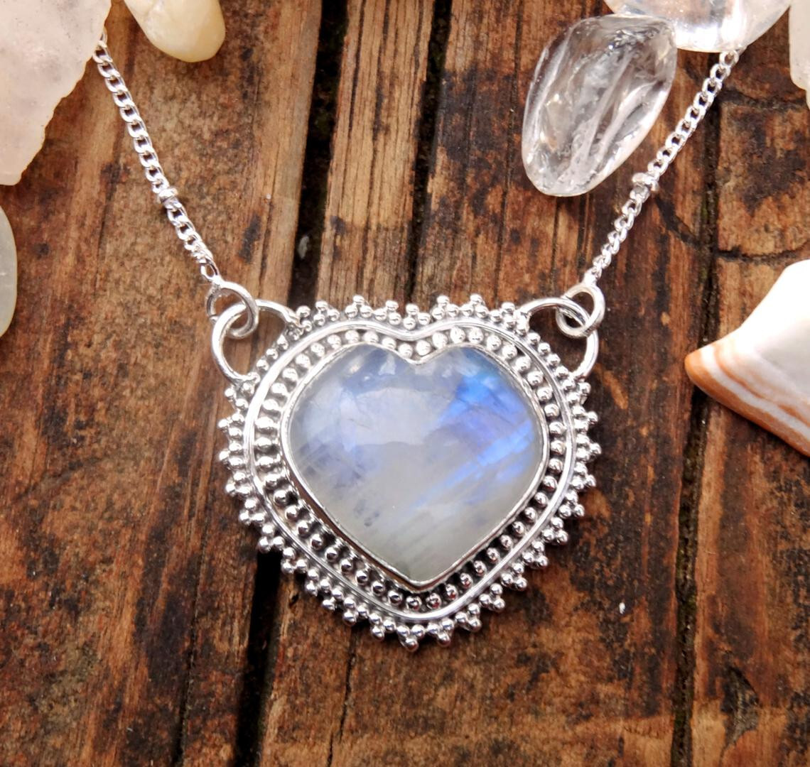 Heart Shape Rainbow Moonstone Gemstone 925 Sterling Silver Handmade Pendant w-4
