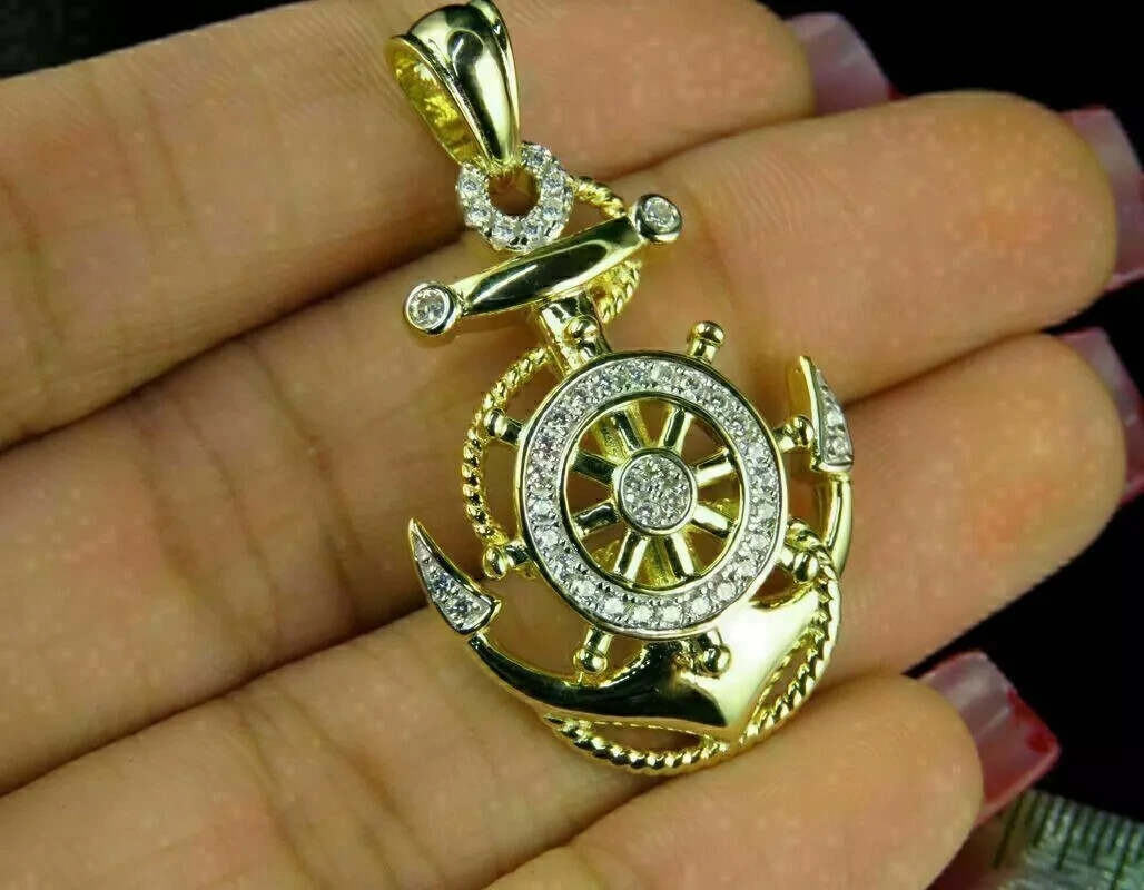 14K Yellow Gold Finish 1.00 Ct Round Cut D/VVS1 Diamond Boat Ship Anchor Pendan