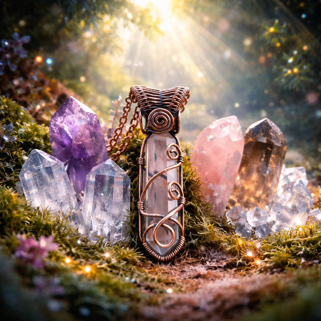 Handmade Clear Quartz Healing Crystal Necklace Copper Wire Wrapped Pendant