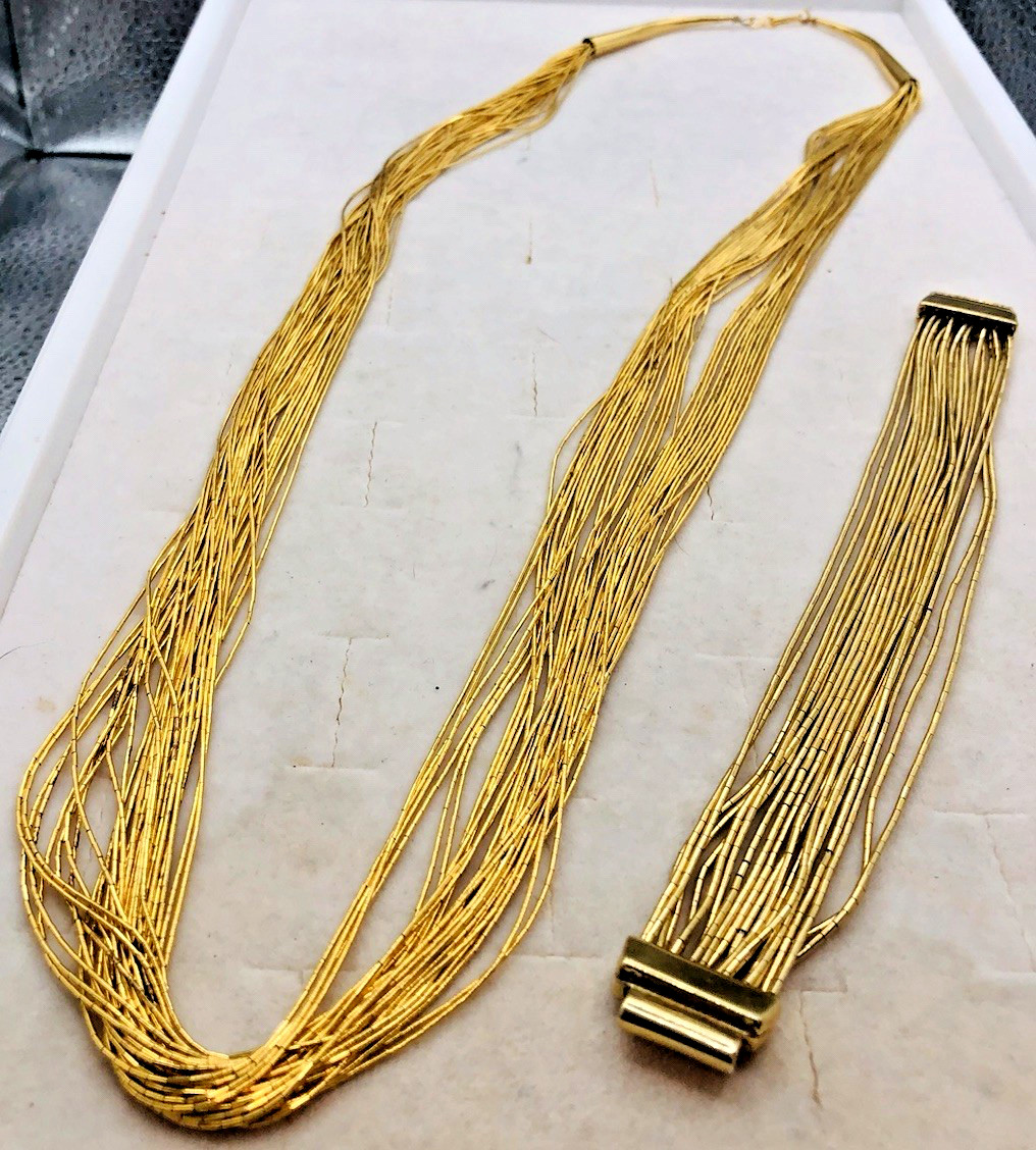 Vtg Gold Plated Sterling Silver Liquid Silver 30 Inch Necklace & 7 Inch Bracelet