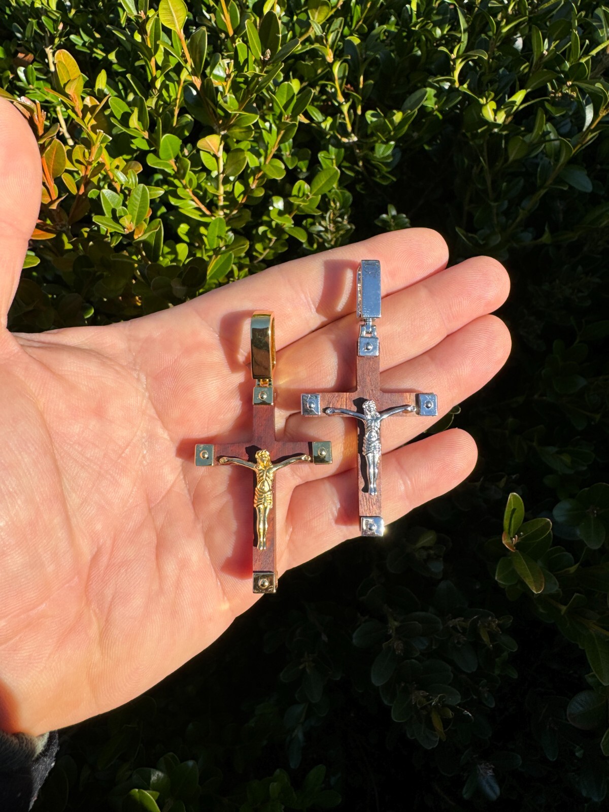 Plain Real 925 Silver & Natural Wood Jesus Cross Pendant Necklace ITALY Handmade