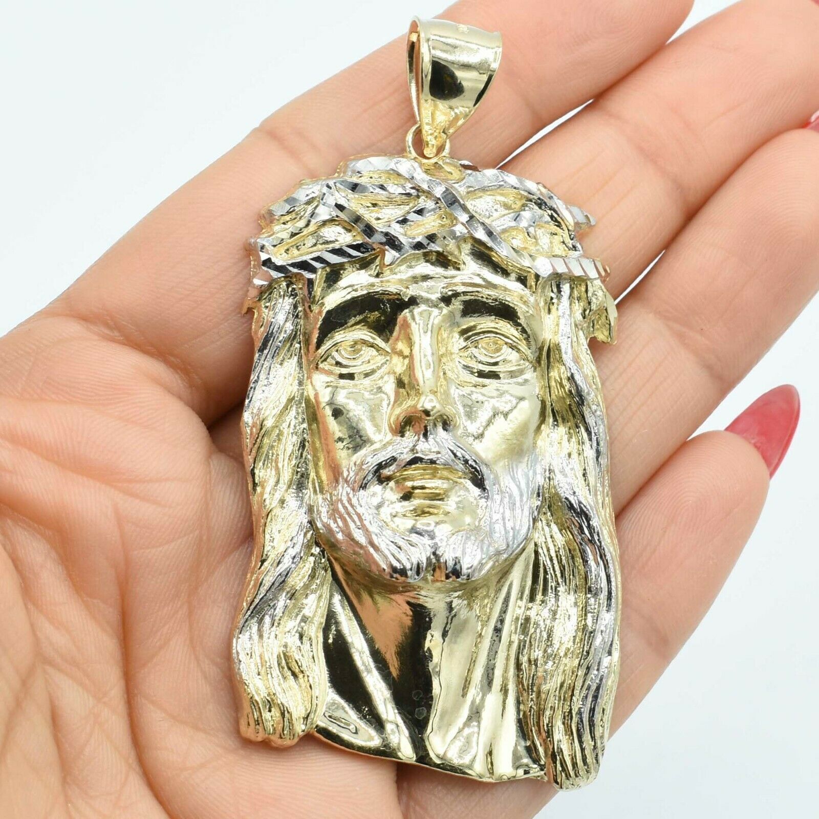 3″ Two-Tone Diamond Cut Jesus Pendant Real Solid 10K Yellow White Gold
