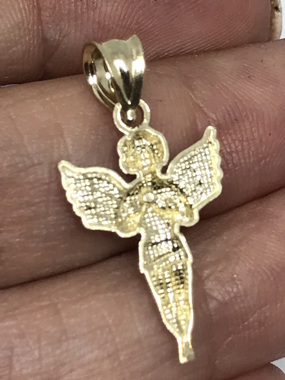 GOLd Angel pendant 10k Solid charm Necklace Baby Pray Small dainty Gift 1″
