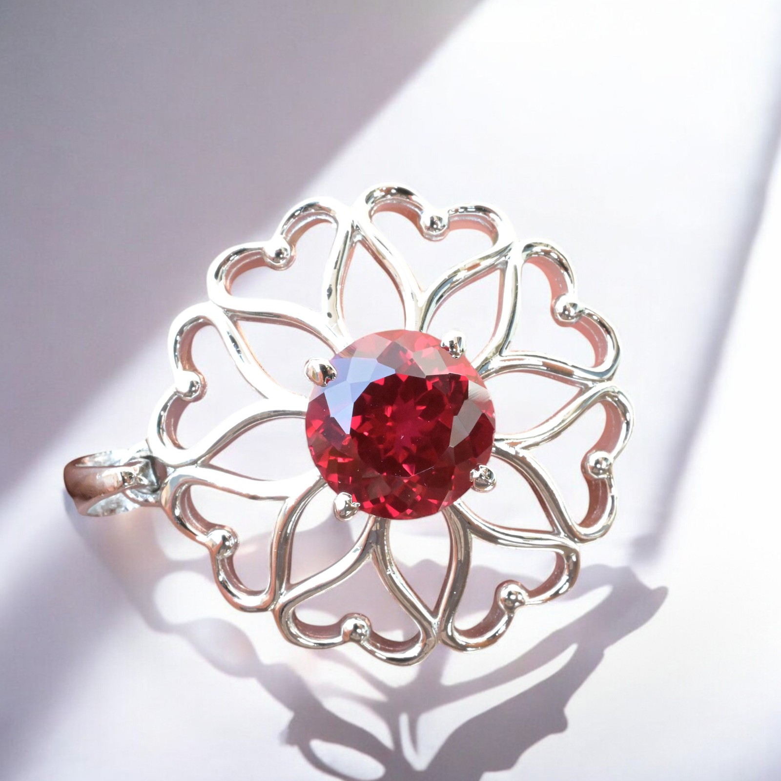 Certified Red Ruby 32 Ct Flower Shape Pendant Necklace 925 Sterling Silver MG002