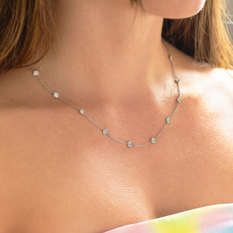 Station 18″ Necklace Station Round Cut Natural Diamond GH-SI 14k White Gold