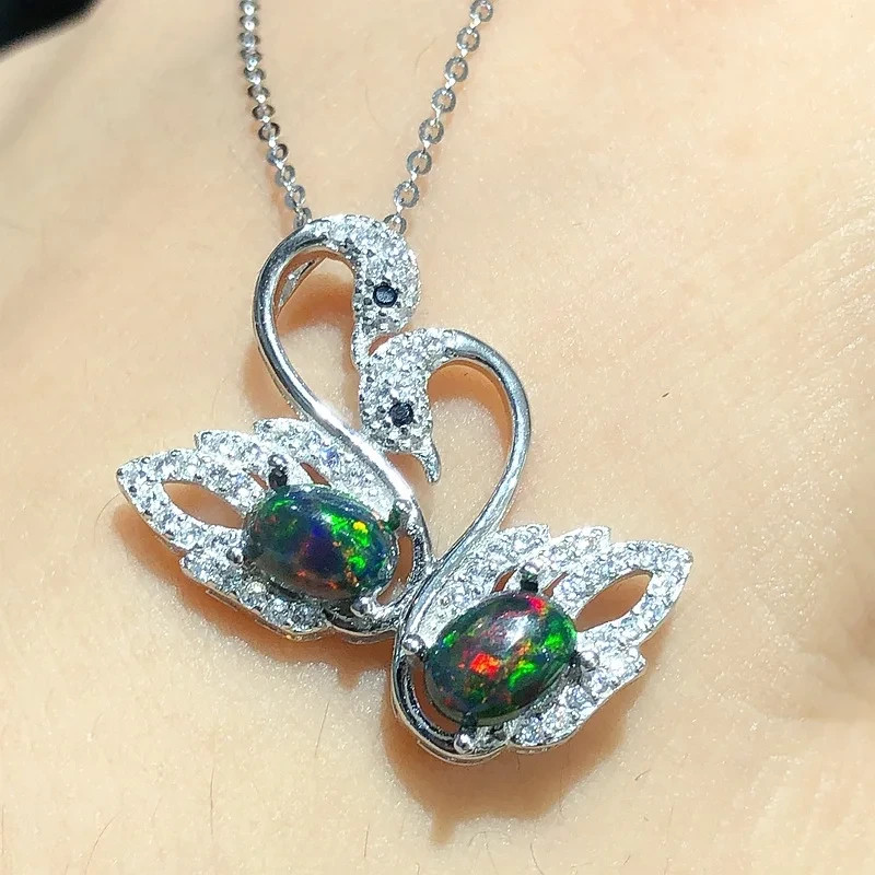 Fire Opal Swan Pendant 5x7mm, Black Opal Pendant Necklace,
