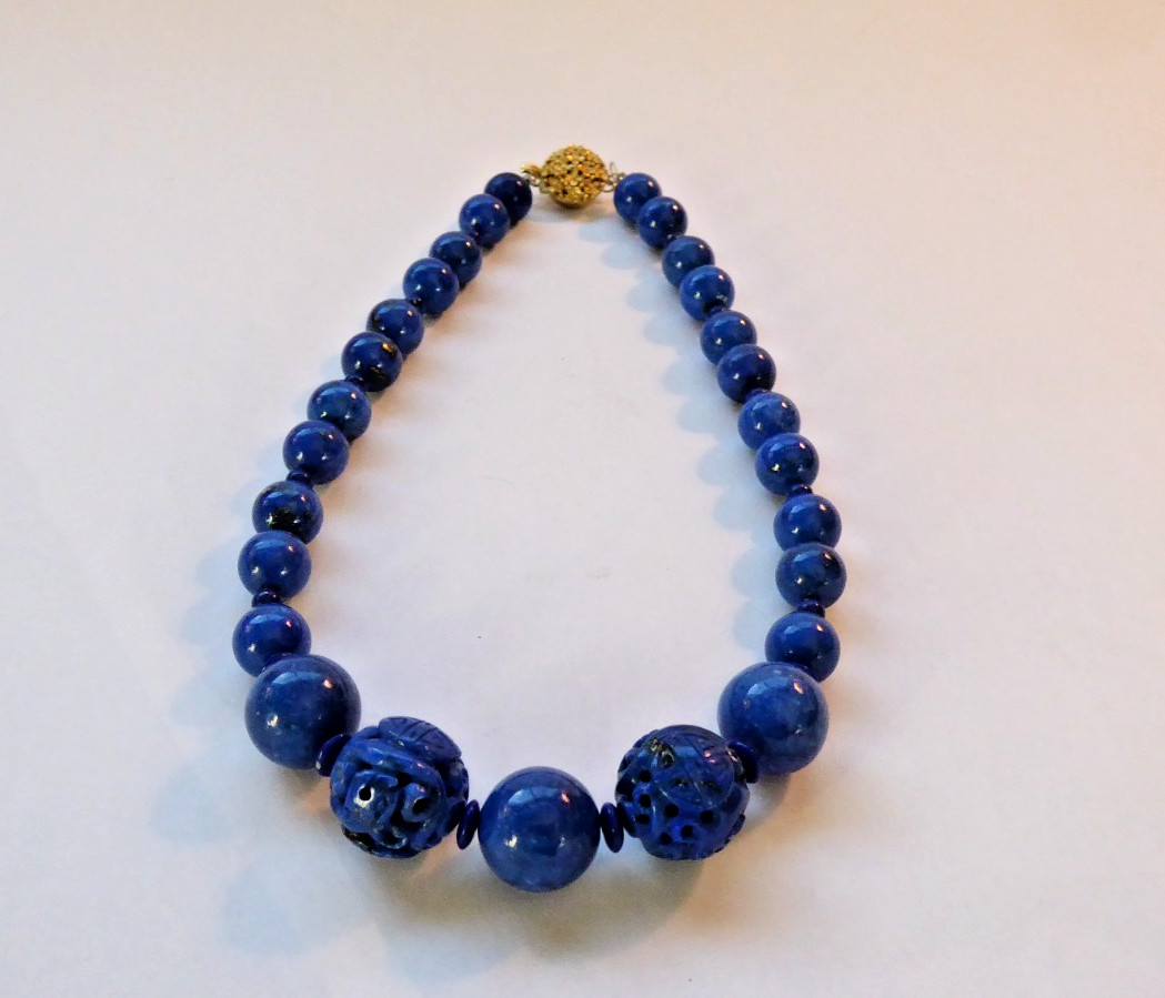Carved Lapis Lazuli Bead Statement Necklace 15″ long 15mm & 9mm Round beads Asia