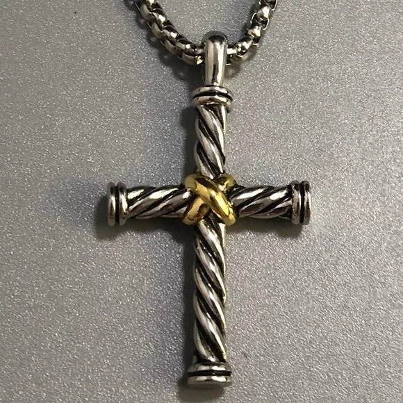 David Yurman Sterling Silver + 14k Gold Cross Pendant, DY 18-20” Necklace