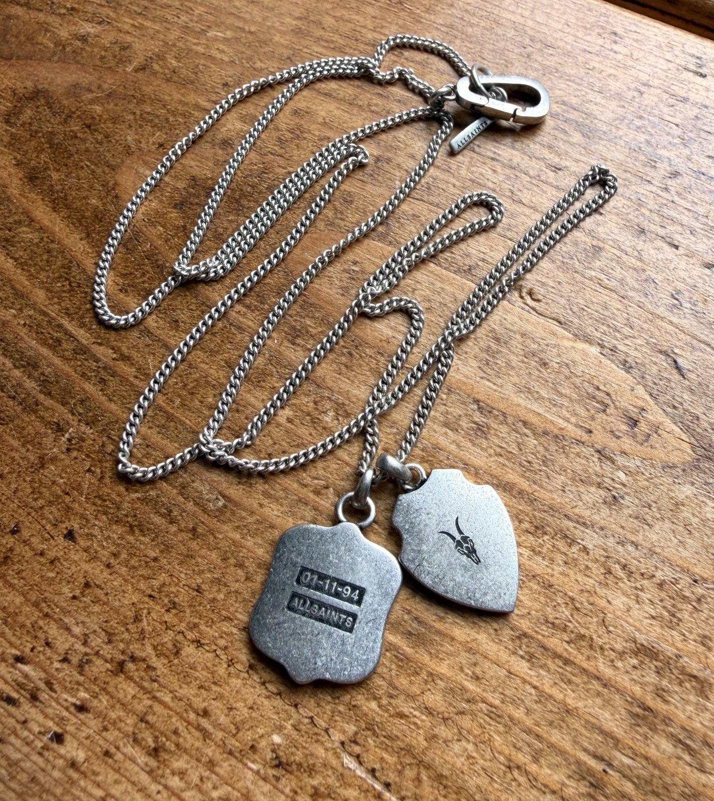 AllSaints SHIELD 925 Silver Necklace Sterling Charm Pendant Unisex Ladies Mens