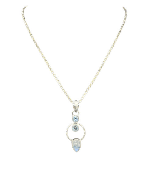 Rainbow Moonstone & Blue Topaz Pendant, Sterling Silver, June and December Birth