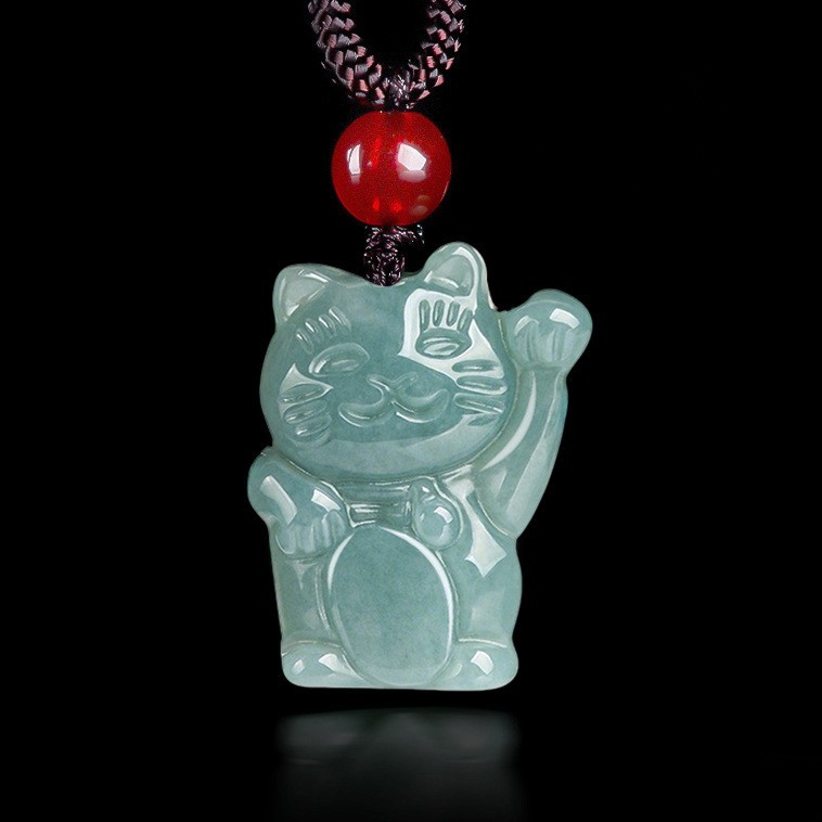 Green Jade Lucky Cat Pendant Necklace Carved Maneki Neko with Red Bead Cord