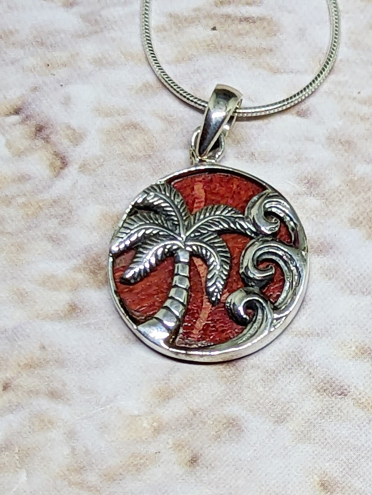 Sterling Silver Palm Tree, Waves and Coral Necklace