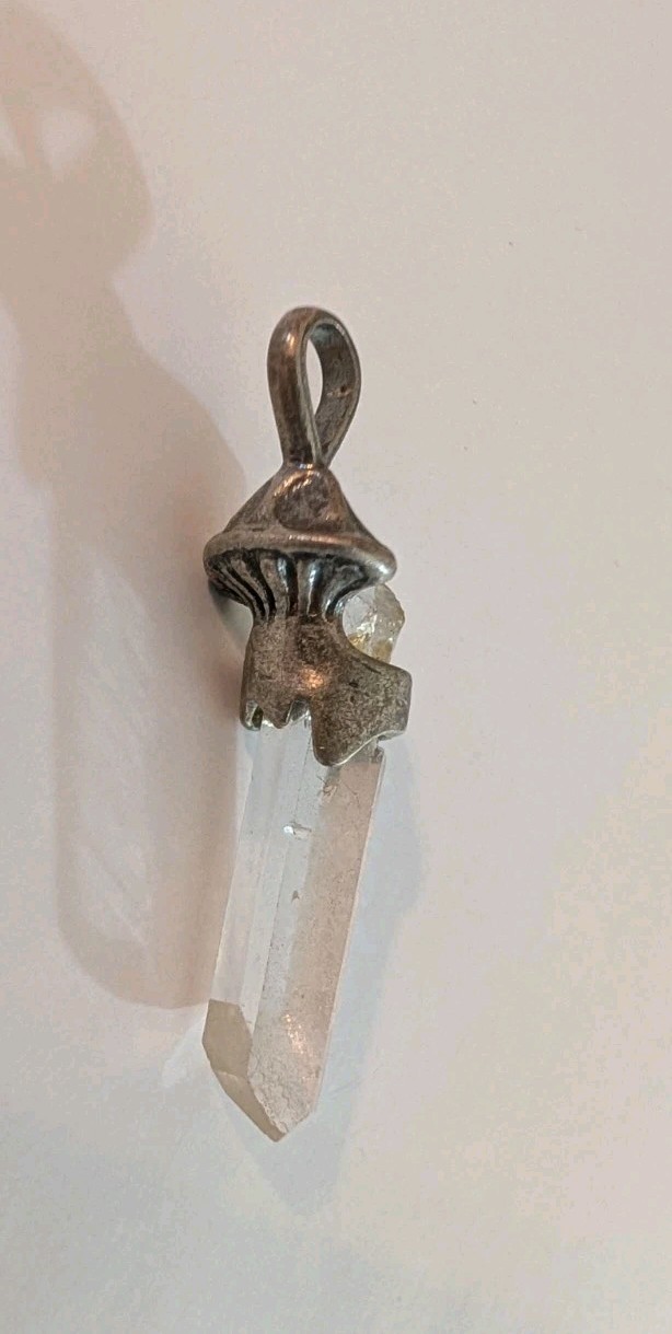 Sterling Silver Mushroom Quartz Point Pendant Totem Crystal, 925 Made In Brazil