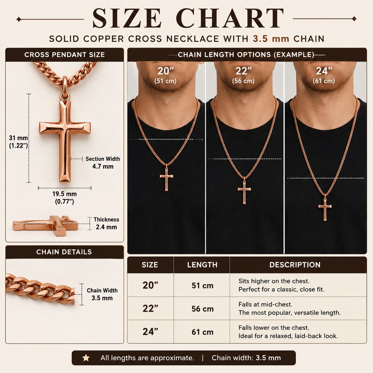 Solid Copper Cross Necklace –with 3.5 mm Chain – 20″, 22″, 24″ Sizes