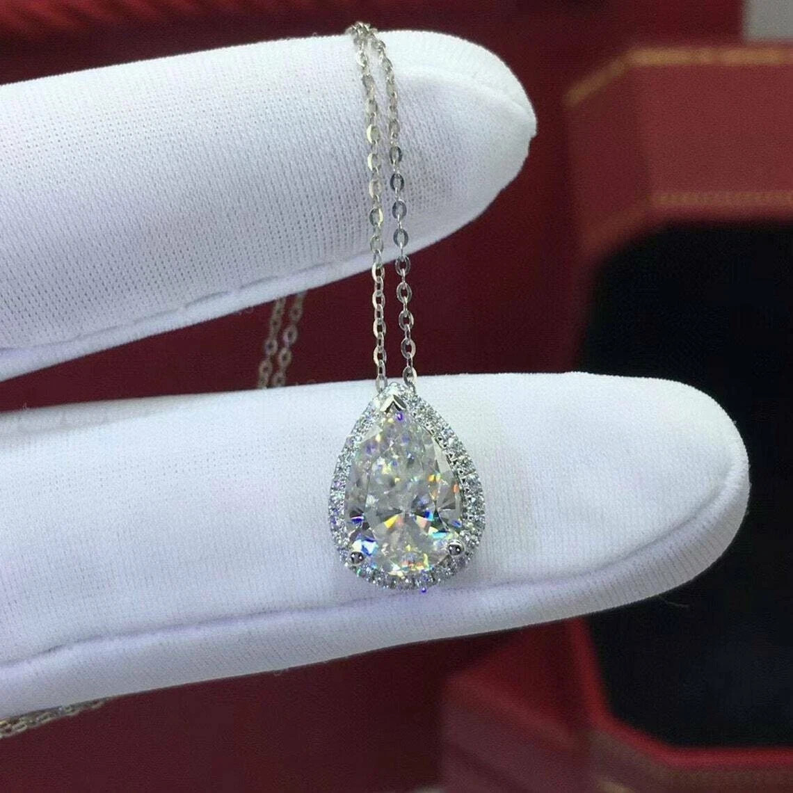 1.25 Ct Pear Cut Lab Real Moissanite Halo Teardrop Pendant 14K White Gold Plated
