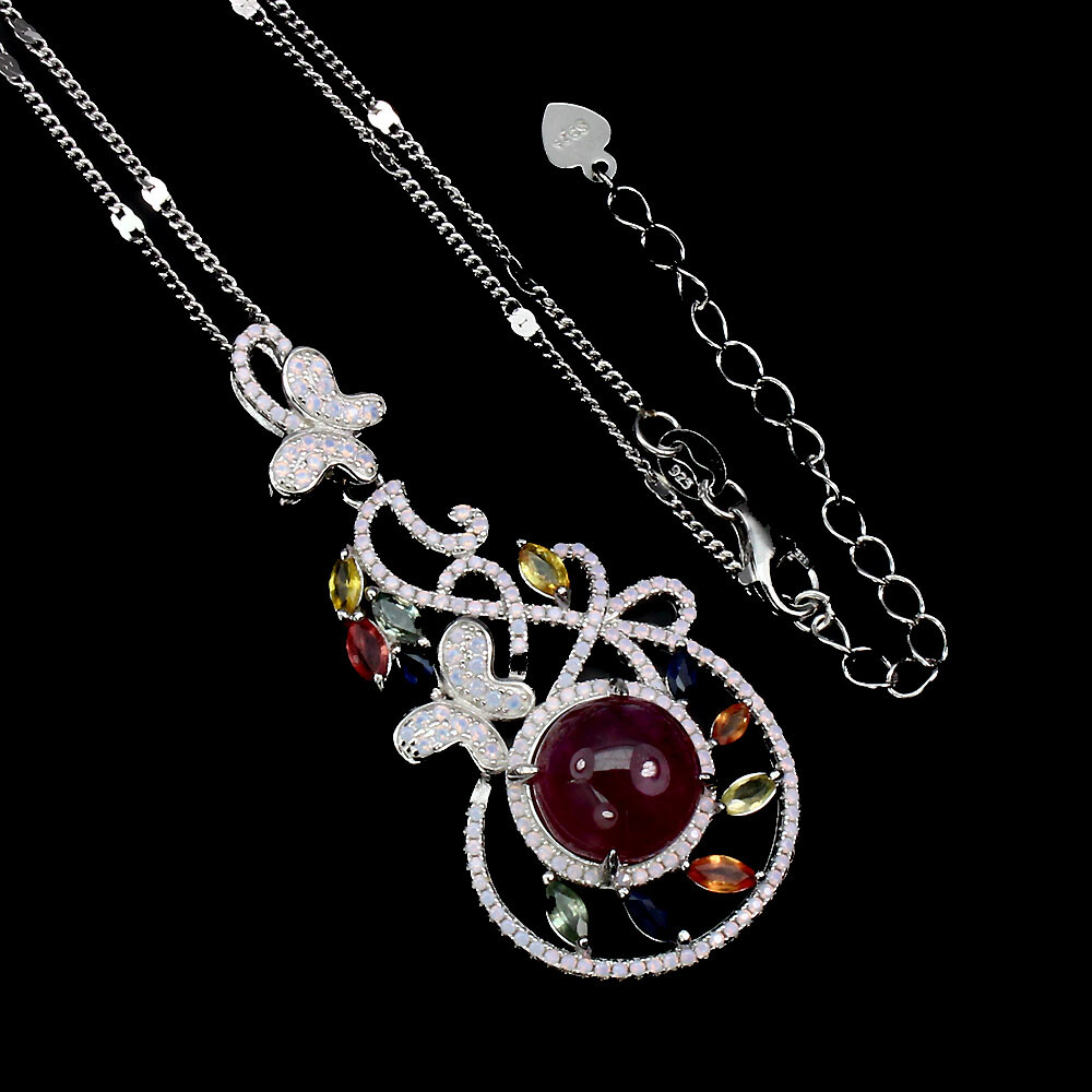 Valentine 925 Silver Necklace Round Ruby 11mm Fire Opal Sapphire Gemstone 16.5in