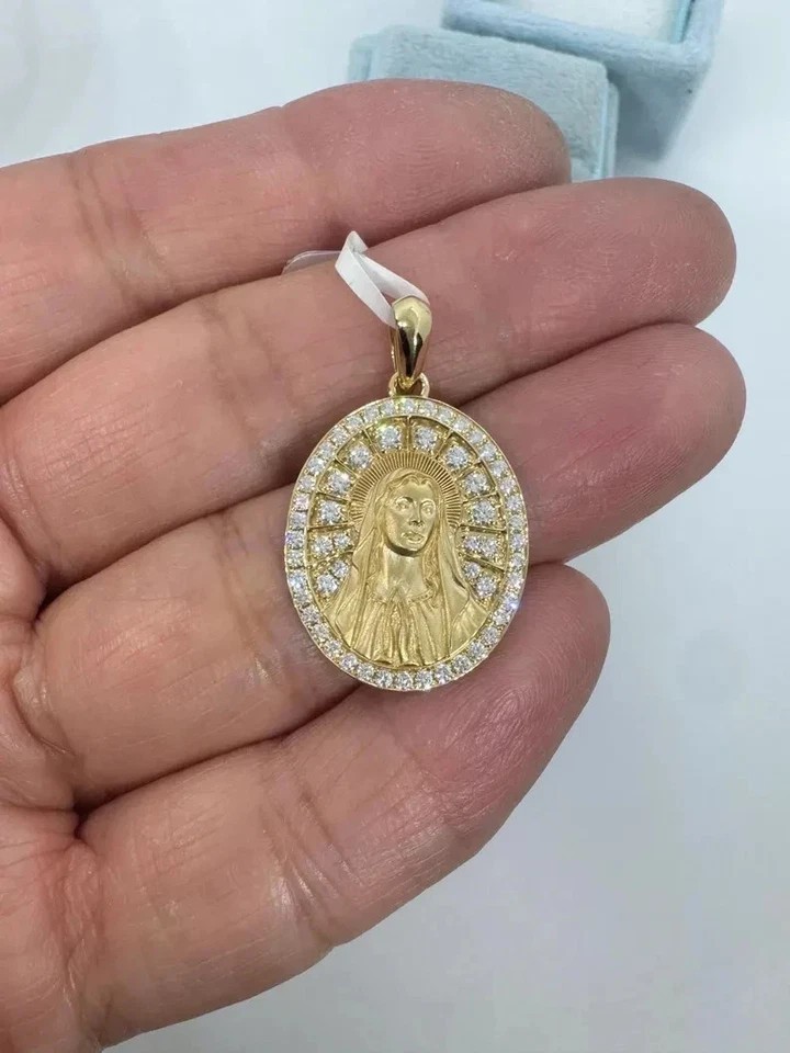 14K Yellow Gold Plated 1Ct Round Cut Moissanite Women’s Virgin Mary Pendant