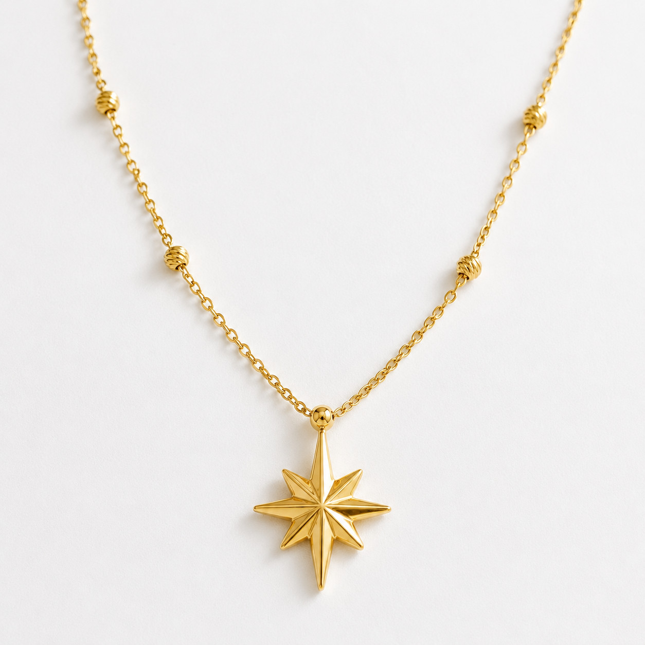 14K Solid Yellow Gold North Star Pendant Necklace Beaded Chain Fine Jewelry 18″