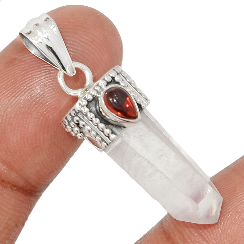Natural Lemurian Quartz & Garnet 925 Sterling Silver Pendant Point CP64208