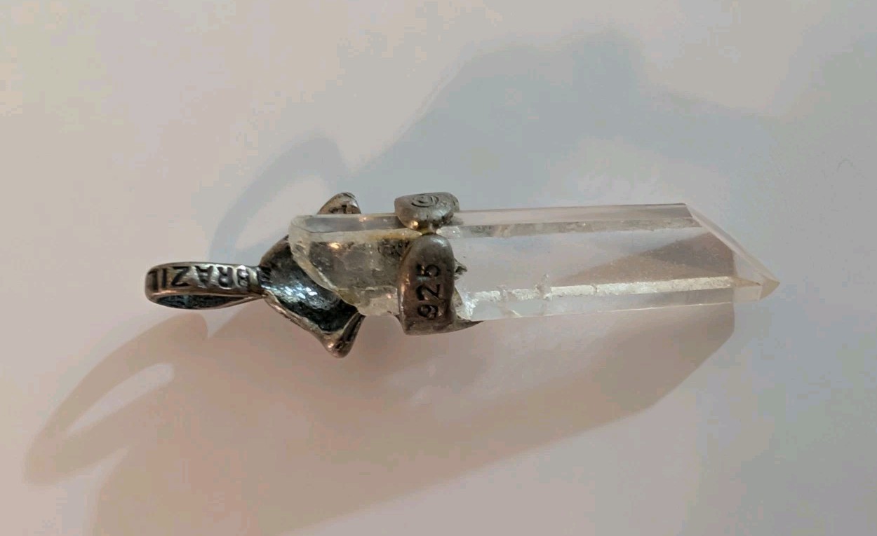 Sterling Silver Mushroom Quartz Point Pendant Totem Crystal, 925 Made In Brazil